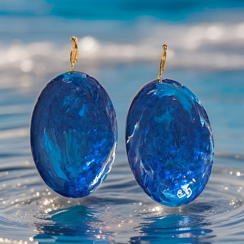 Blue Marble Oval Dome Lures of Love Earrings