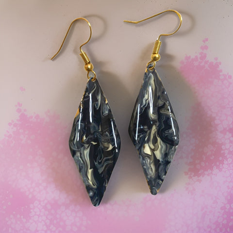 Hand Painted Black & White Marbleized Hammered Wavy Dangle Earrings