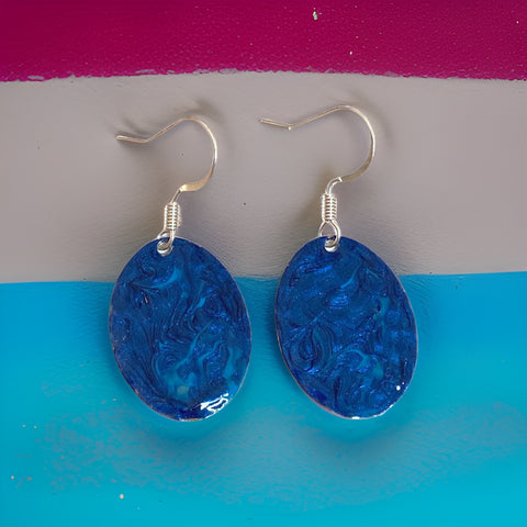 Blue Hand Painted Marbleized Mini Oval Earrings
