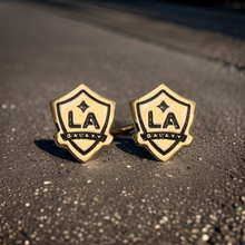 Load image into Gallery viewer, LA Galaxy Shield Dainty Stud Earrings w/ black fill 24k Gold dip
