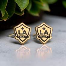 Load image into Gallery viewer, LA Galaxy Shield Dainty Stud Earrings w/ black fill 24k Gold dip
