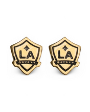 Load image into Gallery viewer, LA Galaxy Shield Dainty Stud Earrings w/ black fill 24k Gold dip
