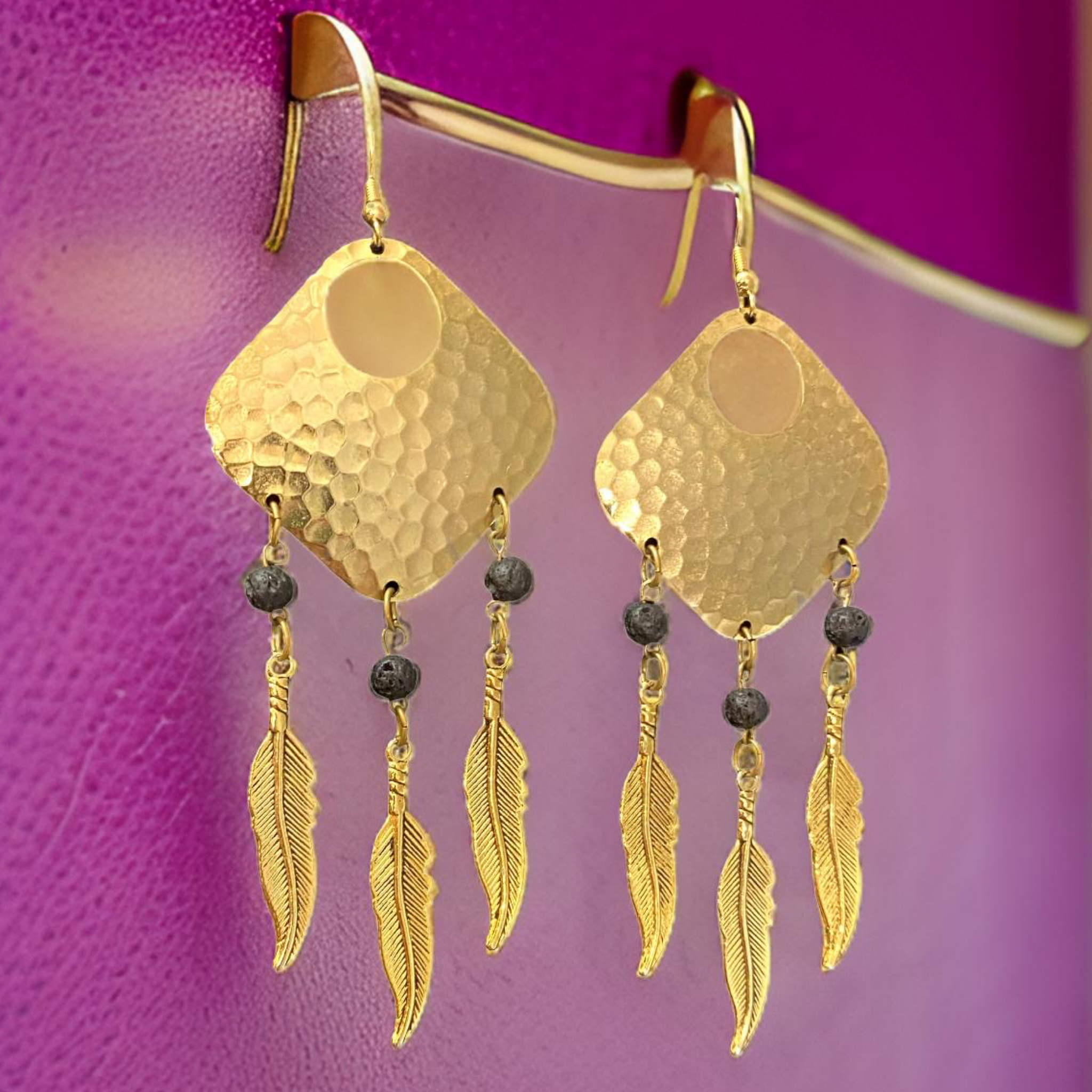 Bohemian Dream Catcher Earrings with Feathers and Black Lava Rocks by The Urban Charm