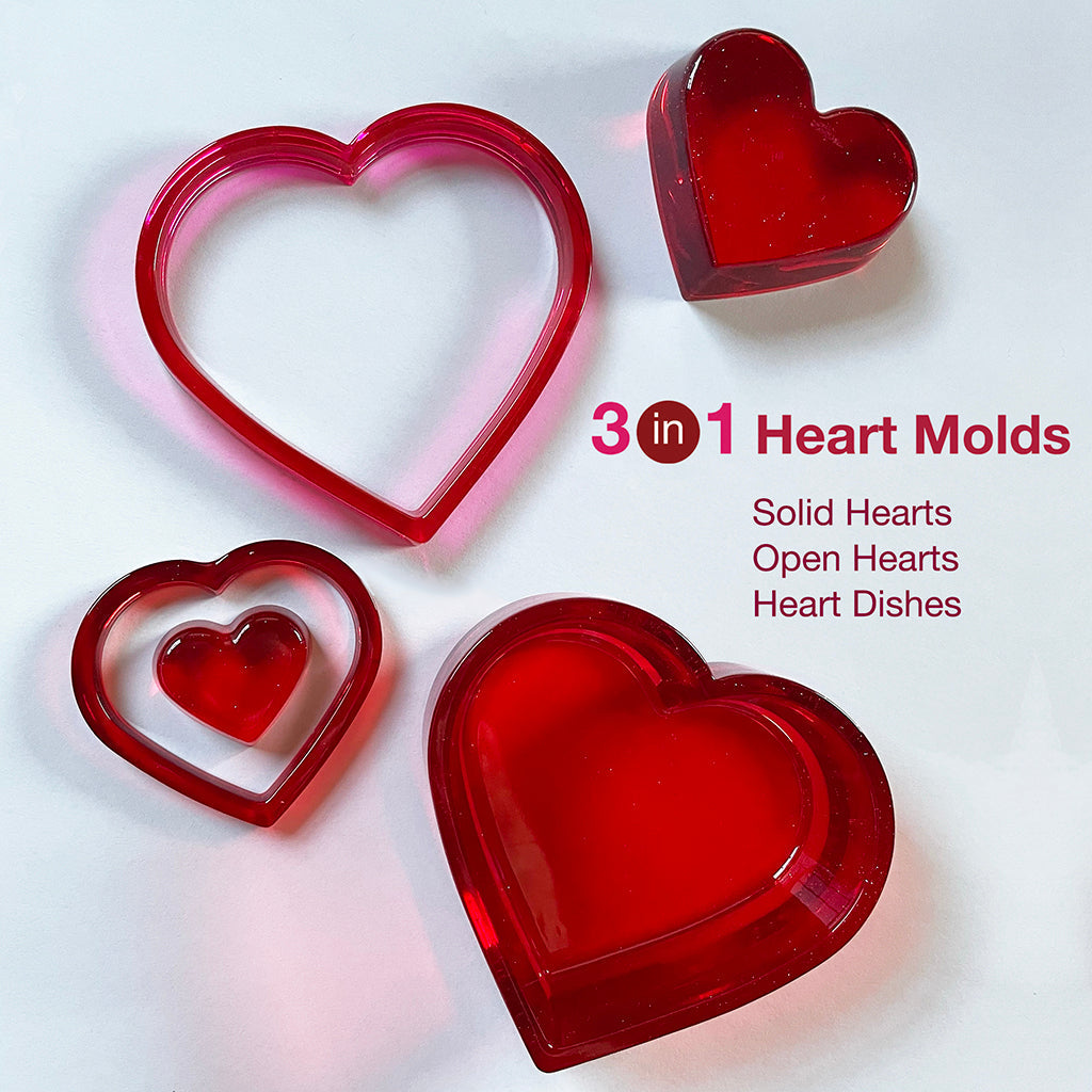 3-in-1 Heart Molds Set  (super shiny silicone, make solid hearts, open hearts, and heart dishes in 4 sizes)