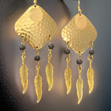 Load image into Gallery viewer, Bohemian Dream Catcher Earrings with Feathers and Black Lava Rocks by The Urban Charm
