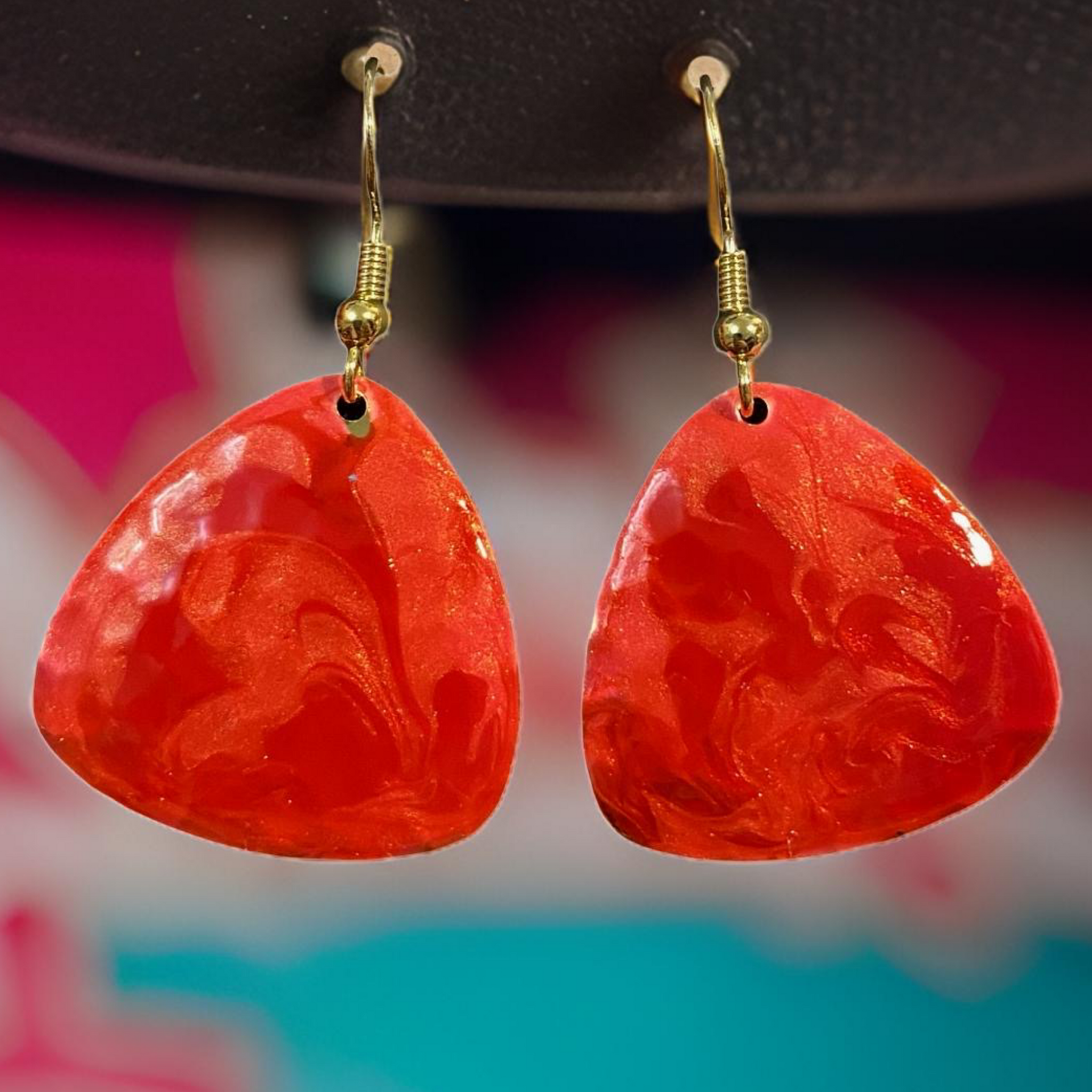 Red & Pink Marble Guitar Pick Lures of Love Earrings