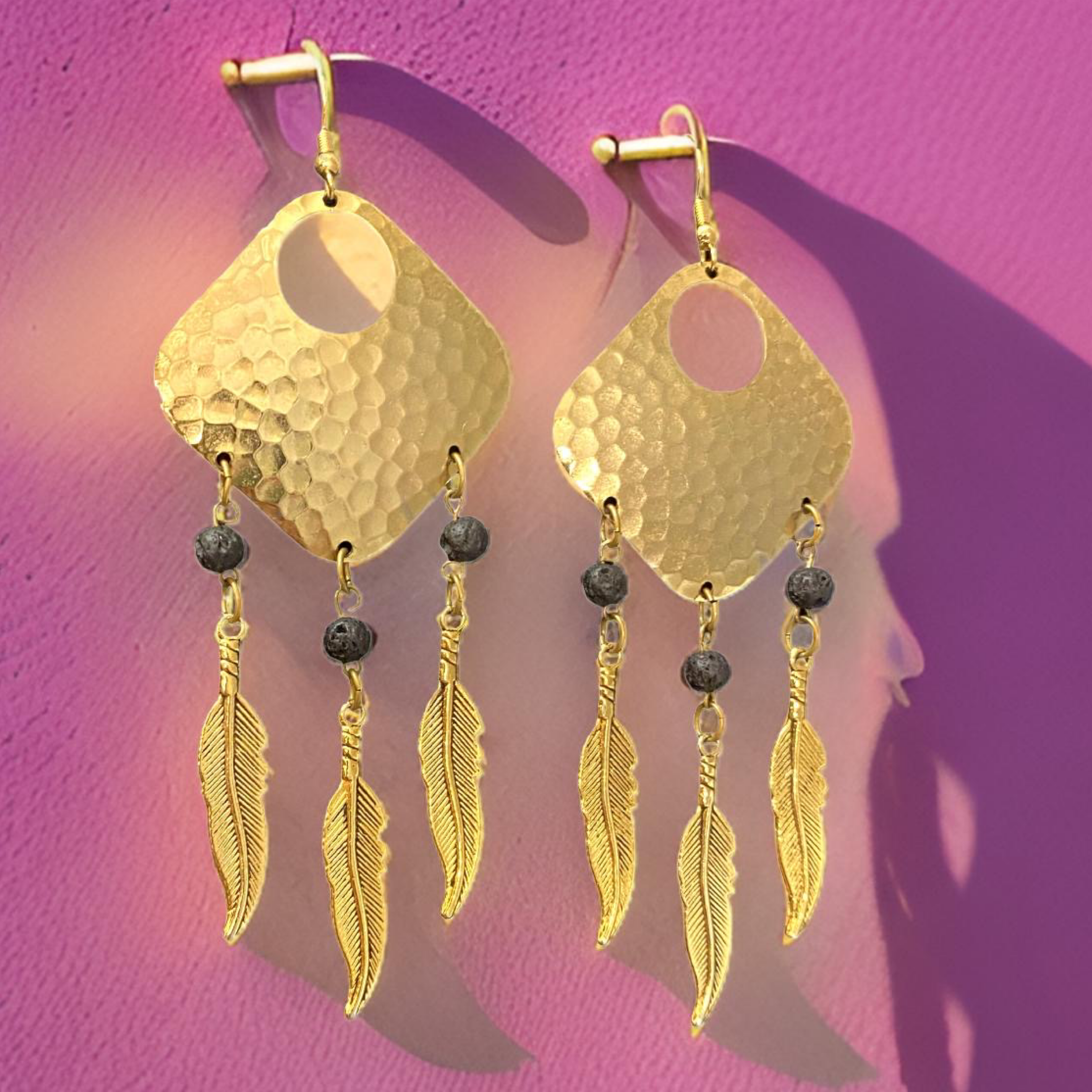Bohemian Dream Catcher Earrings with Feathers and Black Lava Rocks by The Urban Charm