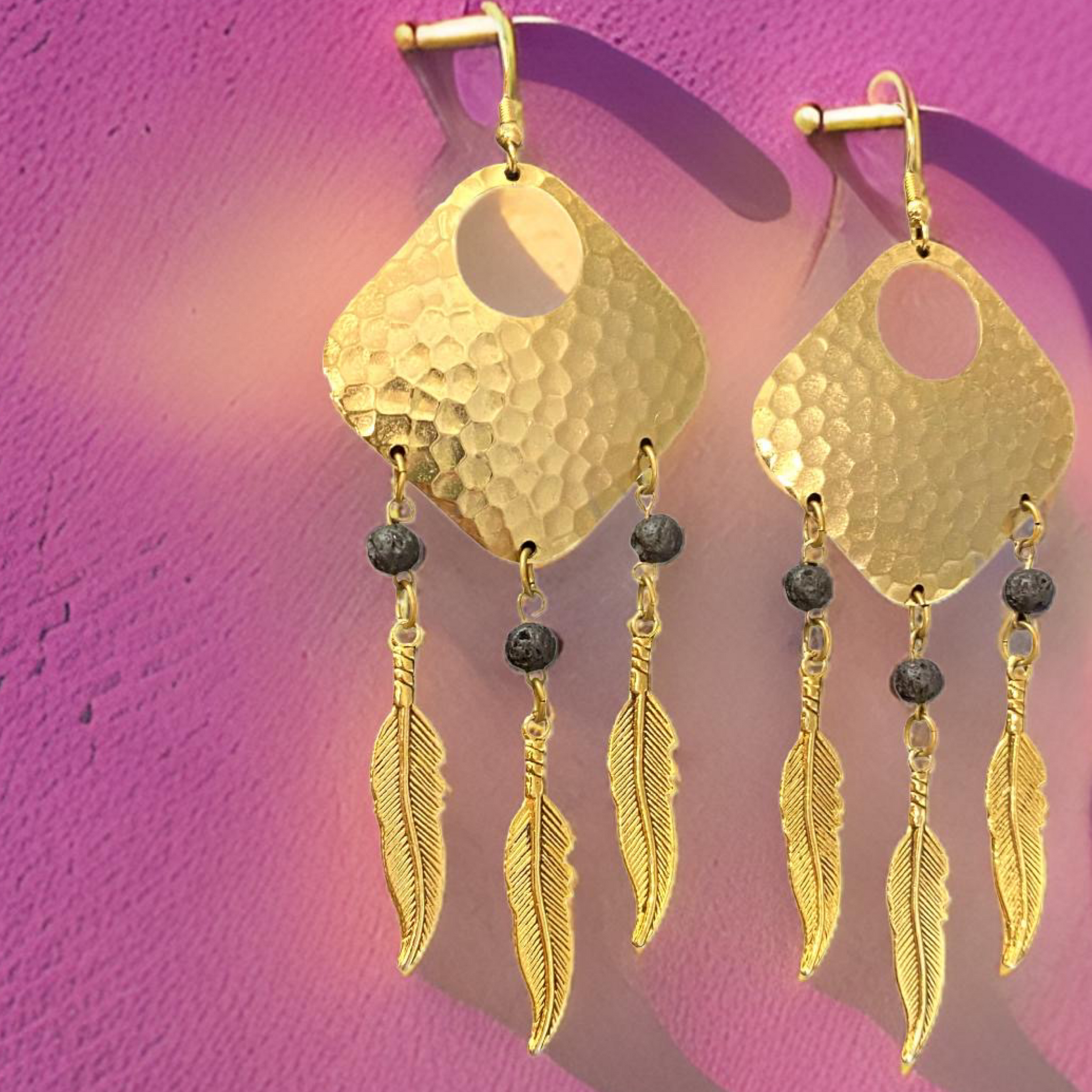 Bohemian Dream Catcher Earrings with Feathers and Black Lava Rocks by The Urban Charm