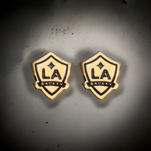 Load image into Gallery viewer, LA Galaxy Shield Dainty Stud Earrings w/ black fill 24k Gold dip
