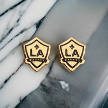 Load image into Gallery viewer, LA Galaxy Shield Dainty Stud Earrings w/ black fill 24k Gold dip
