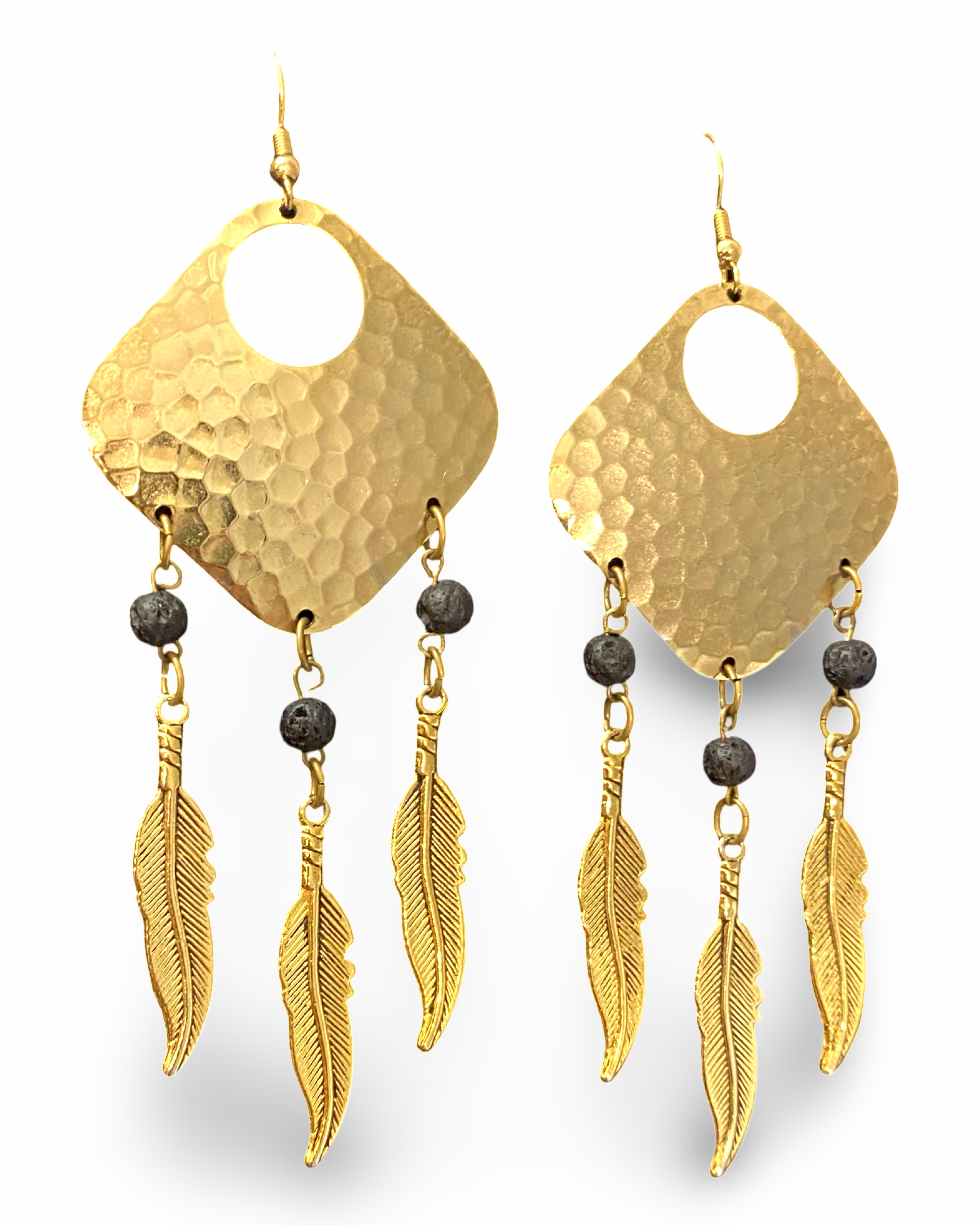 Bohemian Dream Catcher Earrings with Feathers and Black Lava Rocks by The Urban Charm