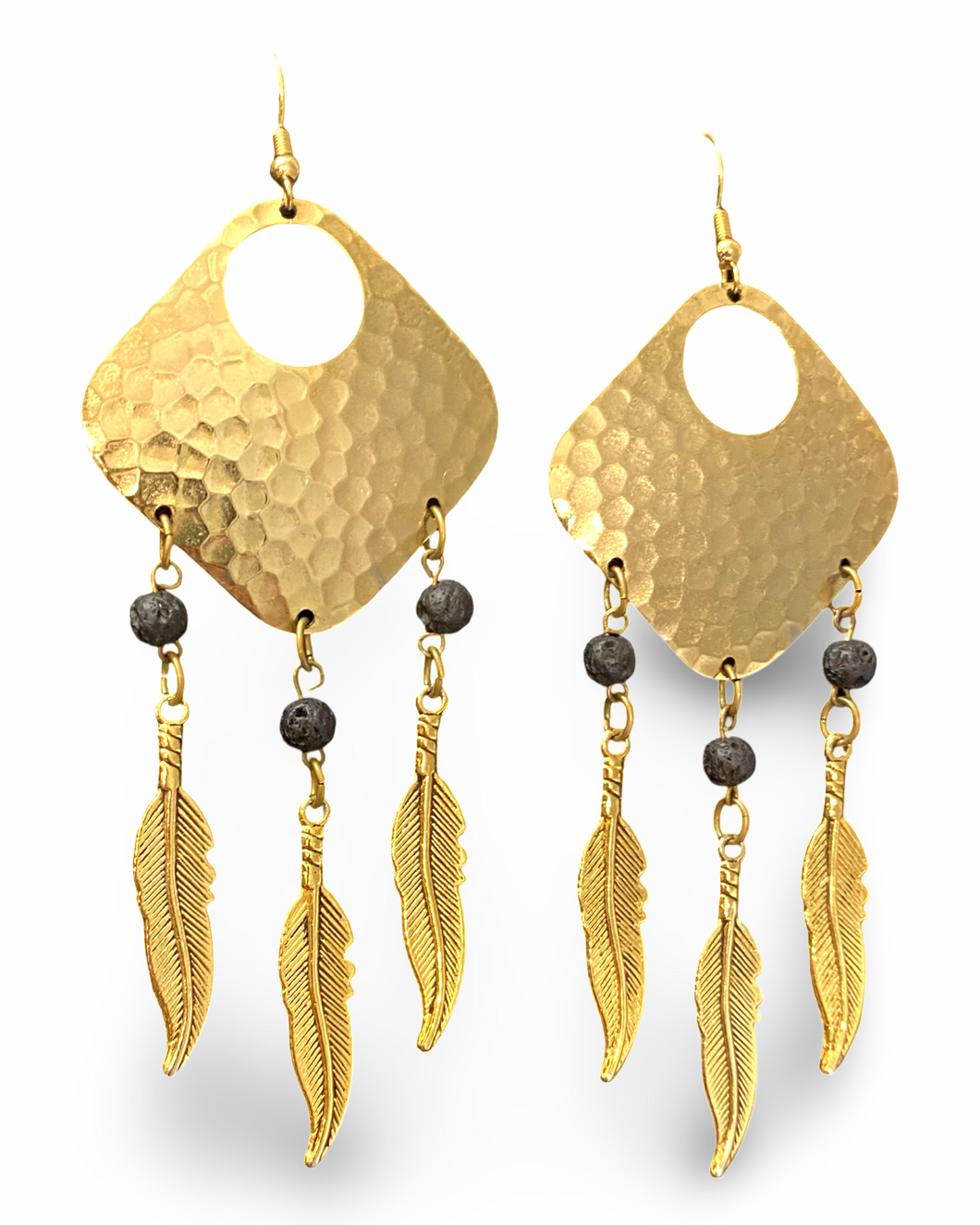 Bohemian Dream Catcher Earrings with Feathers and Black Lava Rocks by The Urban Charm