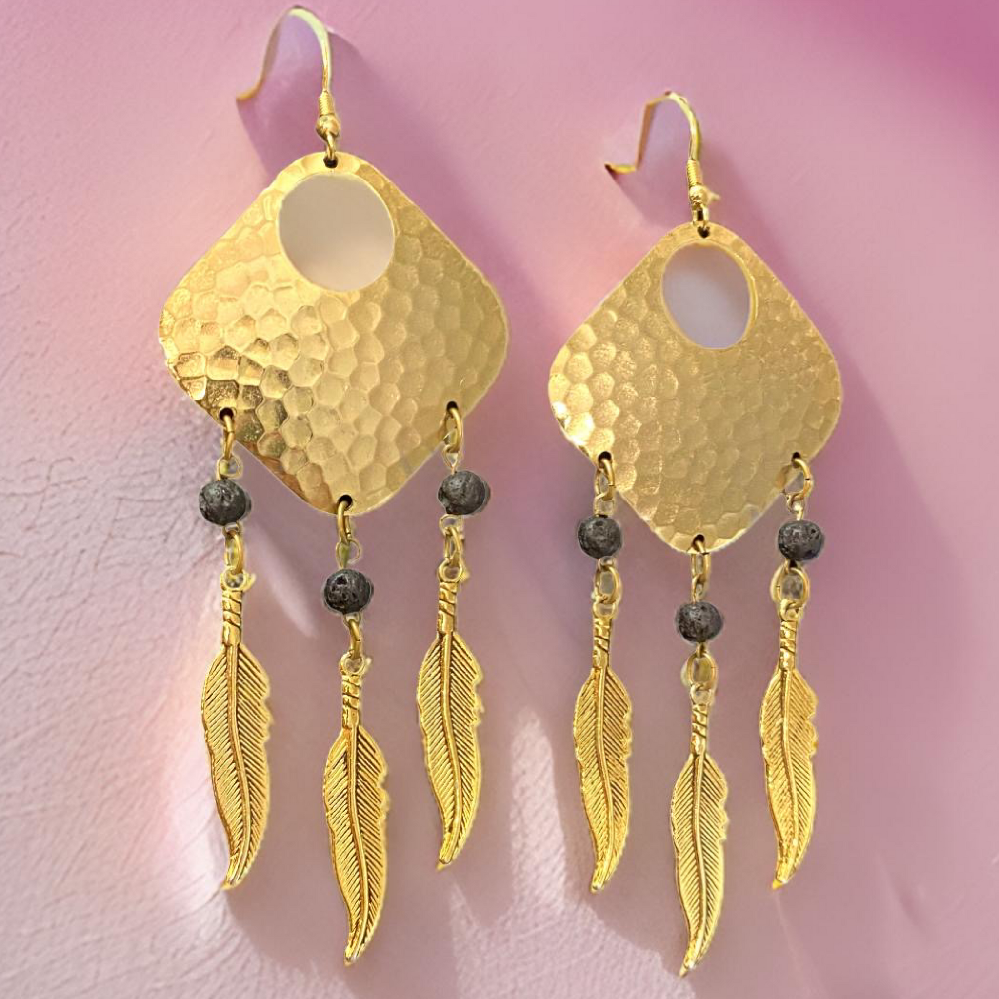 Bohemian Dream Catcher Earrings with Feathers and Black Lava Rocks by The Urban Charm
