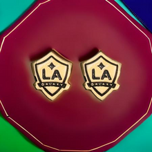 Load image into Gallery viewer, LA Galaxy Shield Dainty Stud Earrings w/ black fill 24k Gold dip
