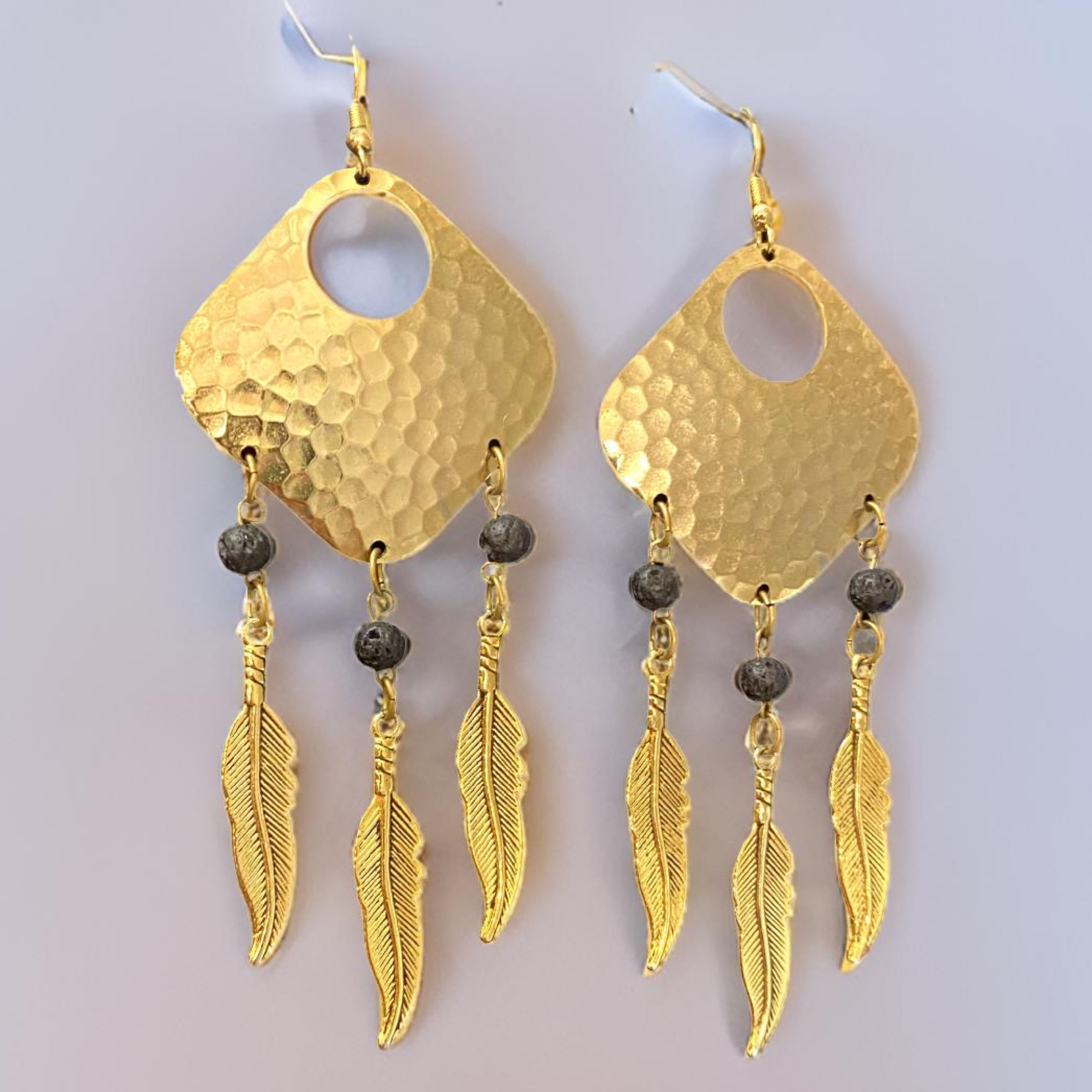 Bohemian Dream Catcher Earrings with Feathers and Black Lava Rocks by The Urban Charm