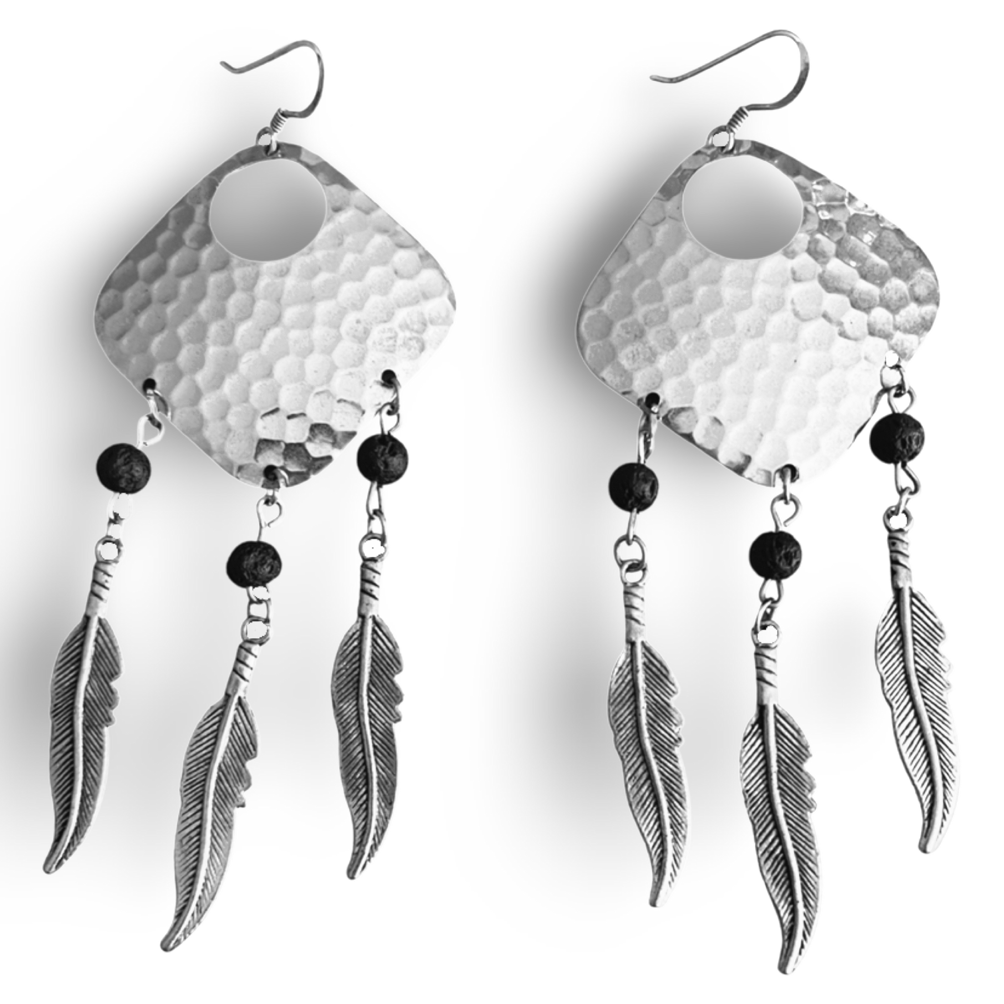 Bohemian Dream Catcher Earrings with Feathers and Black Lava Rocks by The Urban Charm