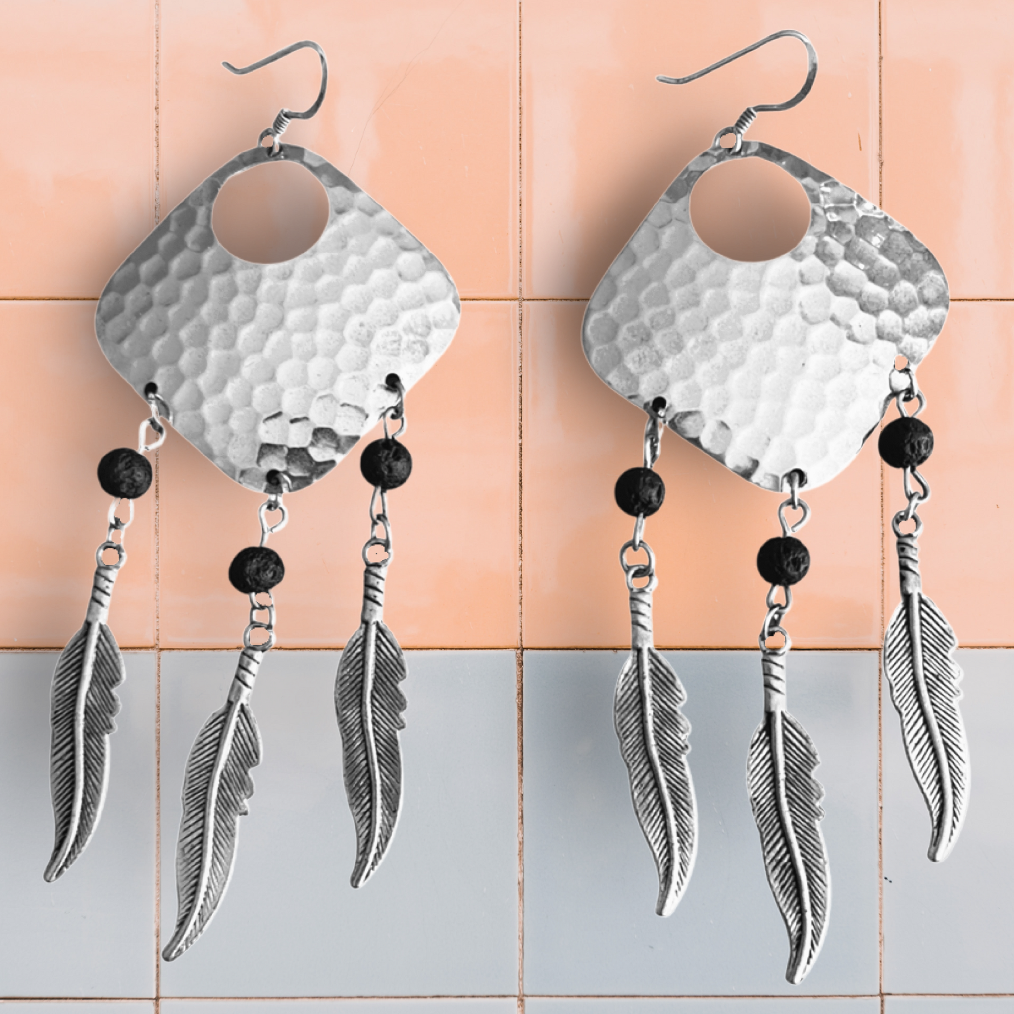 Bohemian Dream Catcher Earrings with Feathers and Black Lava Rocks by The Urban Charm