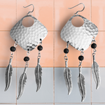 Silver Dream Catcher Earrings with Feathers and Black Lava Rocks by The Urban Charm