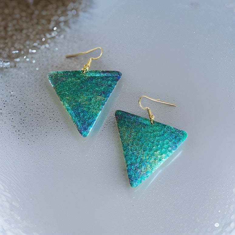 Art Deco Hand Painted Blue Green Triangle Earrings