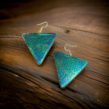 Load image into Gallery viewer, Art Deco Hand Painted Blue Green Triangle Earrings
