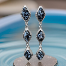 Load image into Gallery viewer, Natural Snow Obsidian and Silver Tier Drop Earrings by The Urban Charm
