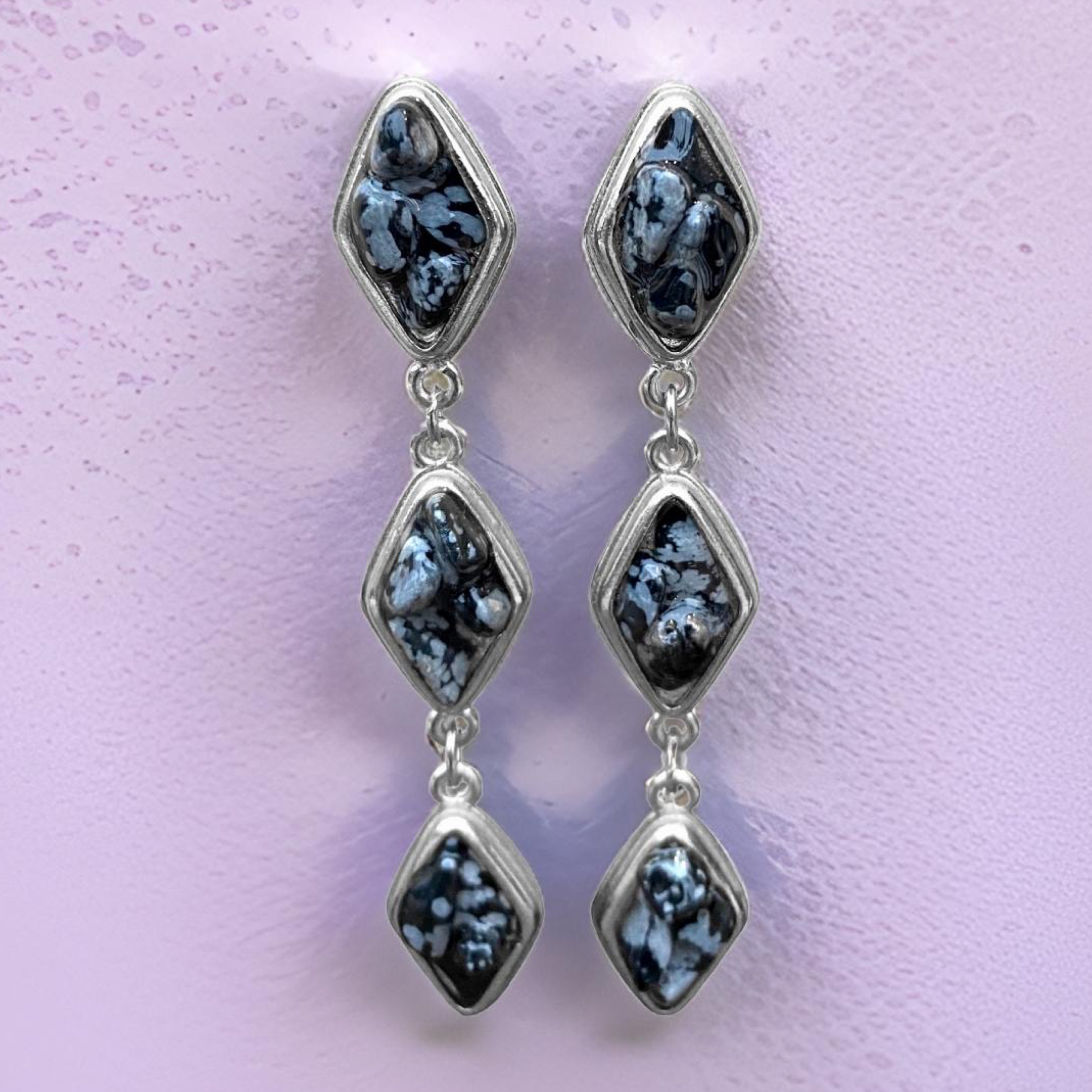Natural Snow Obsidian and Silver Tier Drop Earrings by The Urban Charm