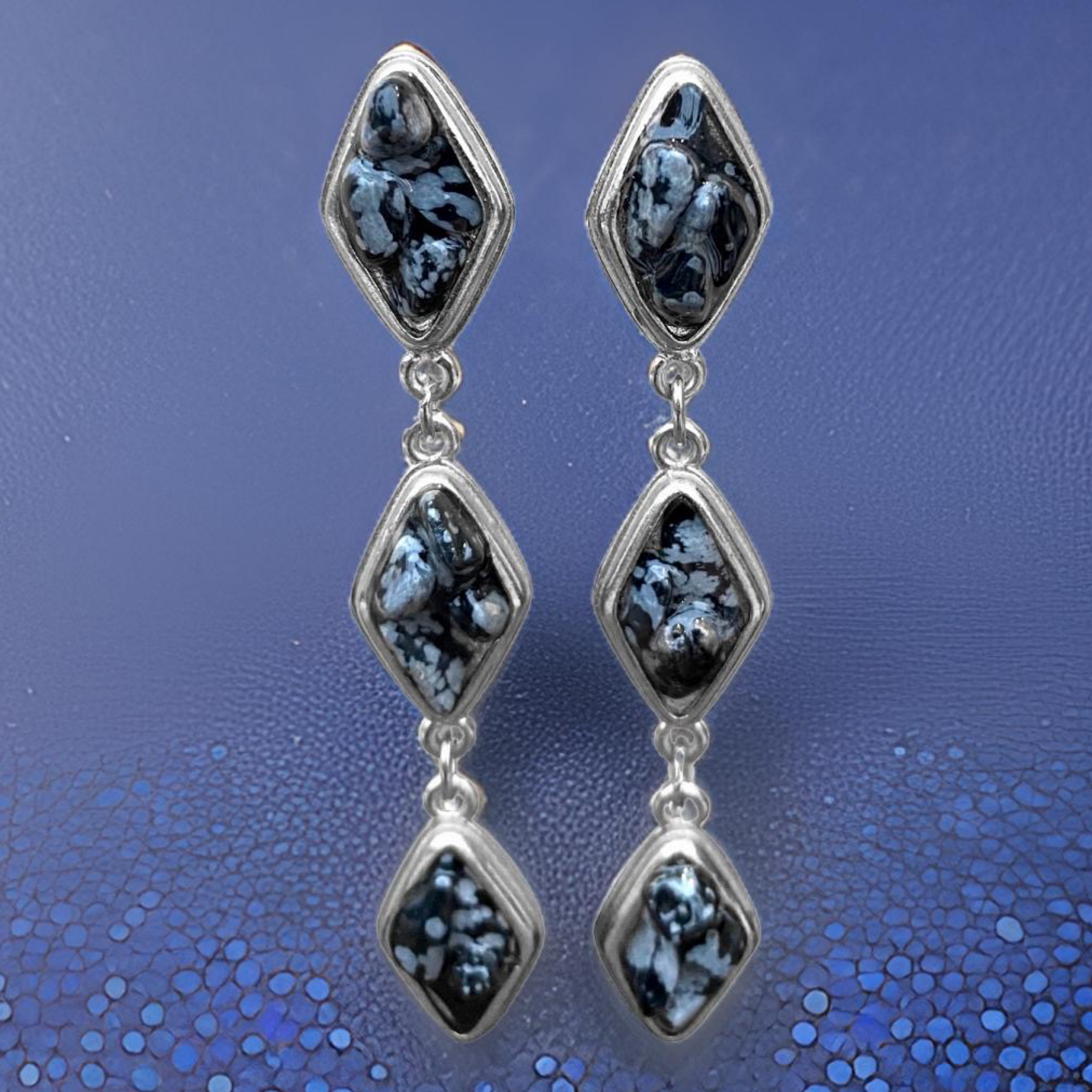 Natural Snow Obsidian and Silver Tier Drop Earrings by The Urban Charm