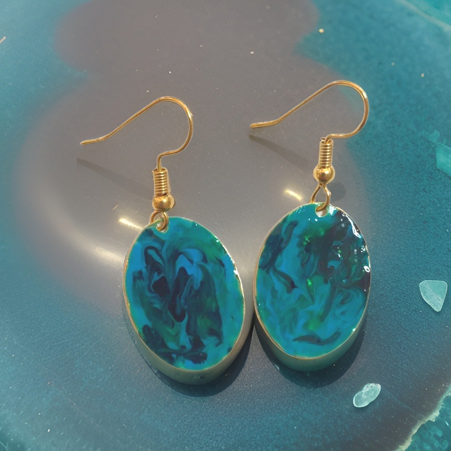 Blue & Green Hand Painted Marbleized Mini Oval Earrings