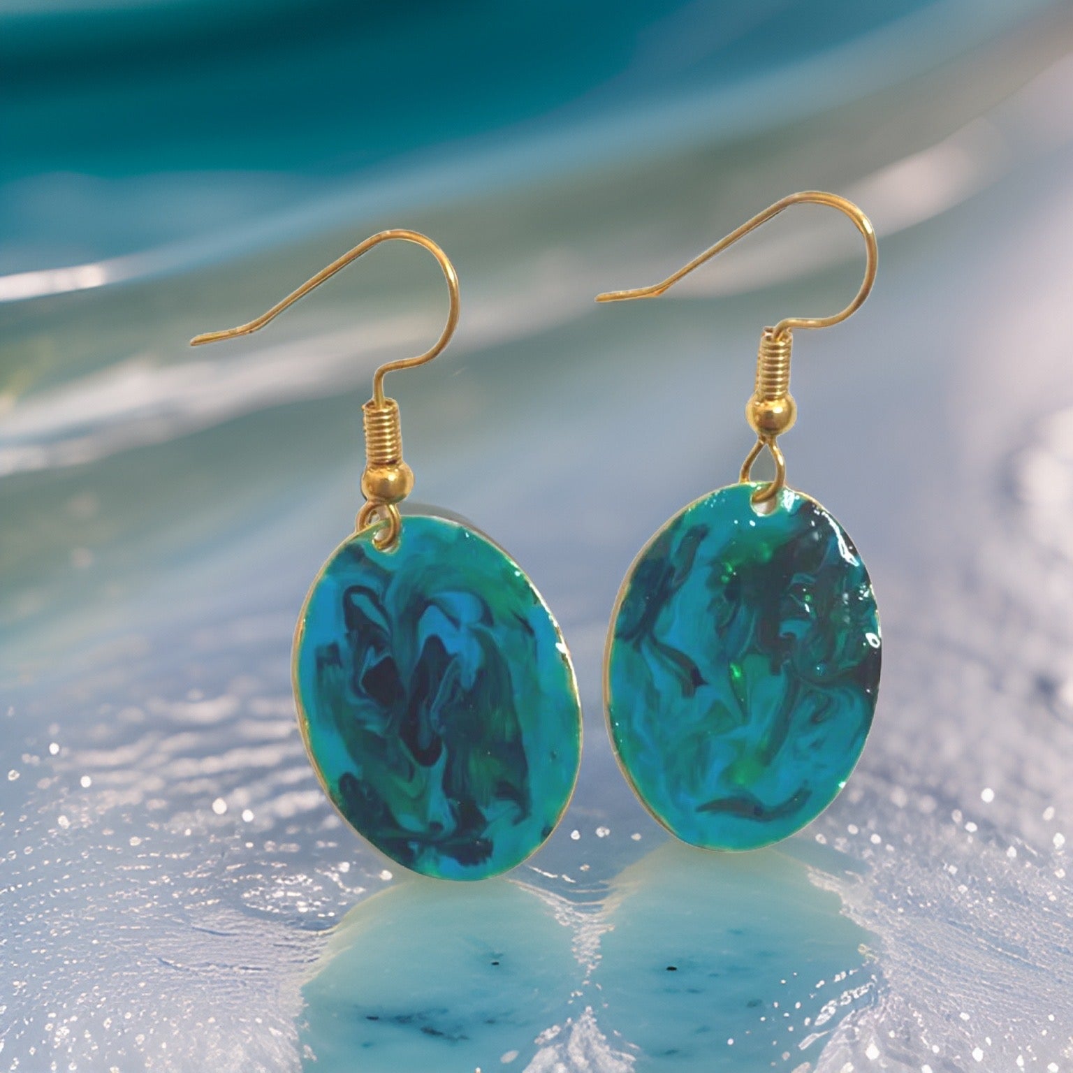 Blue & Green Hand Painted Marbleized Mini Oval Earrings