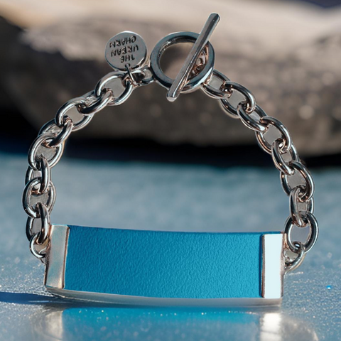 Baby Blue Leather and Chain ID Toggle Bracelet by The Urban Charm