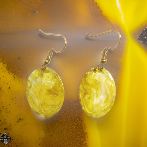 Yellow Hand Painted Marbleized Mini Oval Earrings