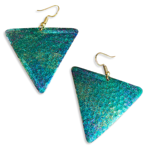 Art Deco Hand Painted Blue Green Triangle Earrings