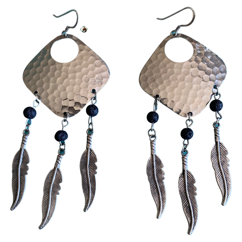 Silver Dream Catcher Earrings with Feathers and Black Lava Rocks by The Urban Charm