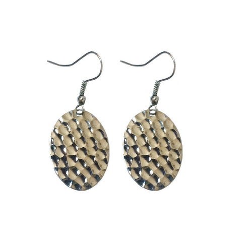 Hammered Small Flat Oval Dangle Earrings