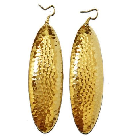 Hammered Metal Long Oval Dangle Earrings