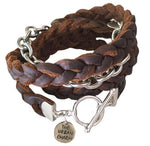 Brown Braided Four Wrap Genuine Leather Bracelet